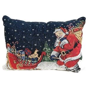 Vintage Tapestry Christmas Holiday Pillow Santa in Sleigh + Ornament Double-Side
